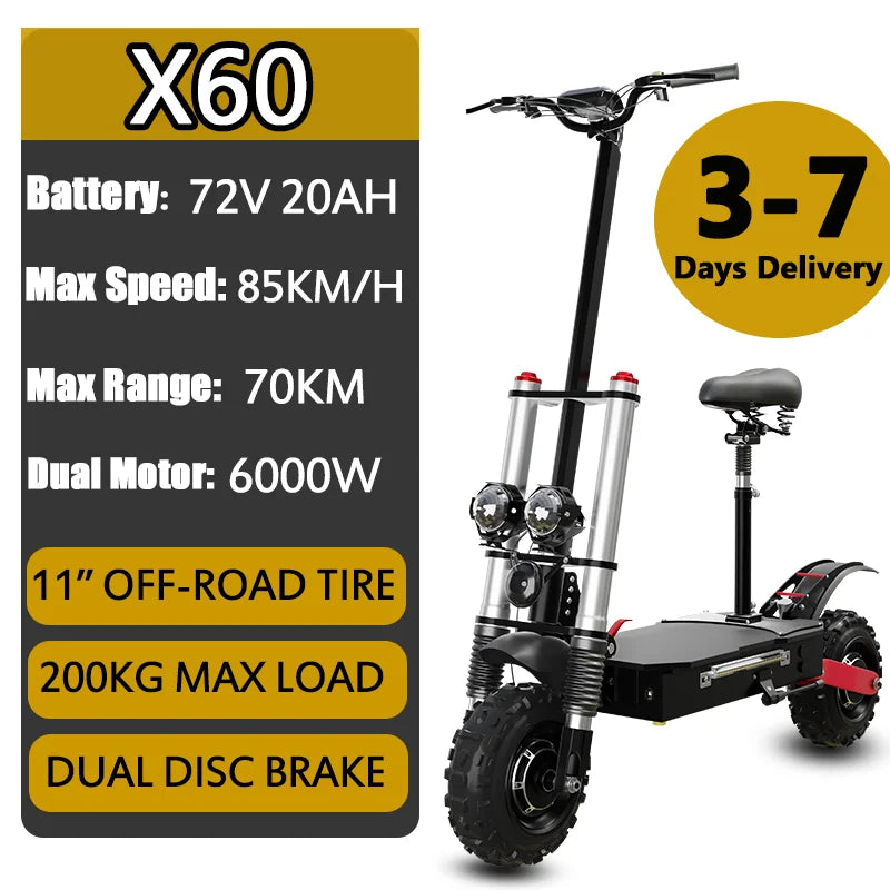 100KM Long Range Electric Scooter 48V-72V Lithium Battery Foldable Scooter Electric 11" OFF Road Tire Trottinettes électriques