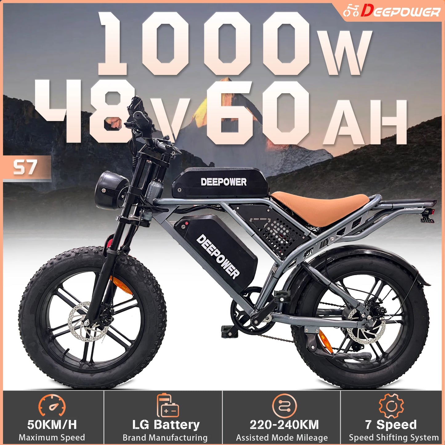 DEEPOWER S7 Off-Road Electric Bike for 1000W Motor Adults Mountain Ebike with 48V 60AH LG Battery All-Terrain Motorcycle Style